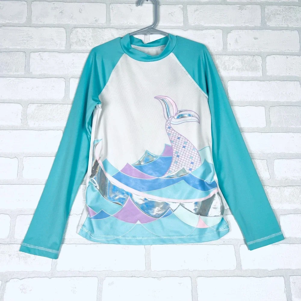 Kids Mermaid Tail Long Sleeve Rash Guard Swim Top Aqua White Holographic Waves M